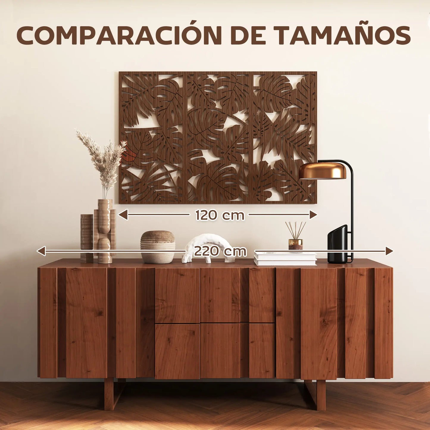 🖼️ CUADROS DECORATIVOS 3D DE PARED 3 PIEZAS 40 × 80 CM – DISEÑO DE HOJAS TROPICALES EN ACABADO NOGAL