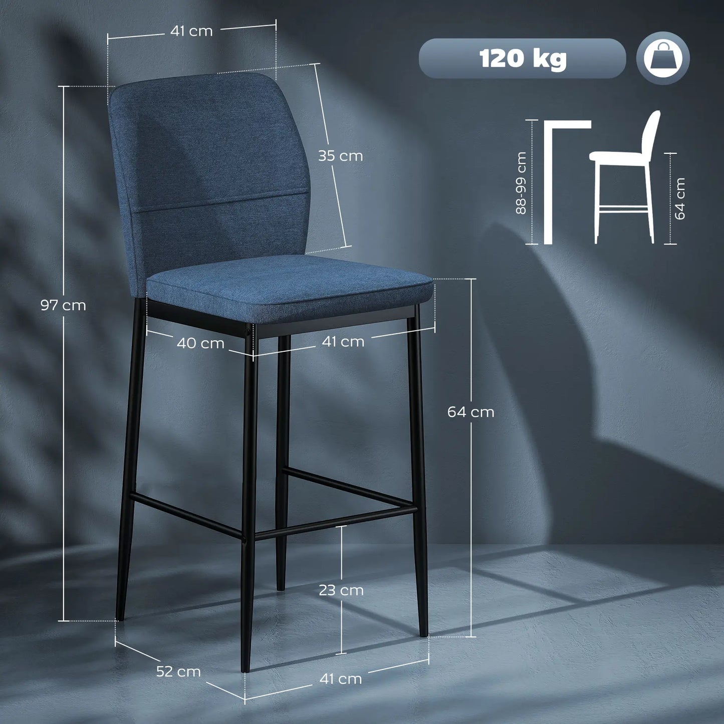 🪑 Set de 2 Taburetes Altos Tapizados en Terciopelo Azul con Patas de Acero – Diseño Moderno para Cocina, Isla o Barra