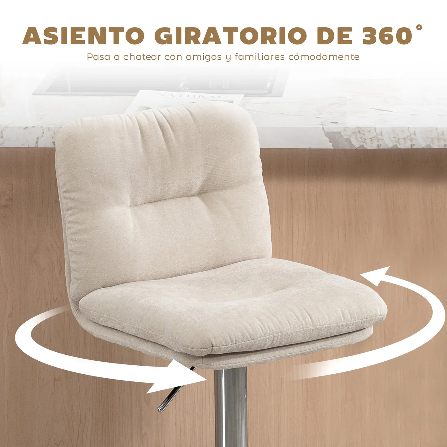 🪑 Juego de 2 Taburetes Altos de Cocina Giratorios con Altura Ajustable – Tapizados en Tela Beige con Respaldo y Reposapiés