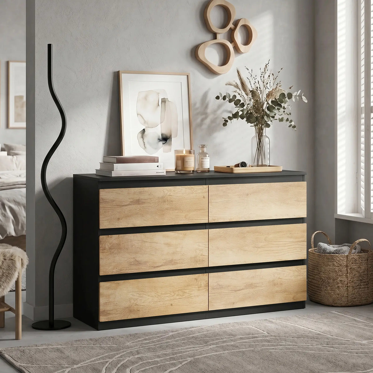 🖤 CÓMODA OAK BLACK 6C – 6 CAJONES NEGRO Y ROBLE SIN TIRADORES 120 CM