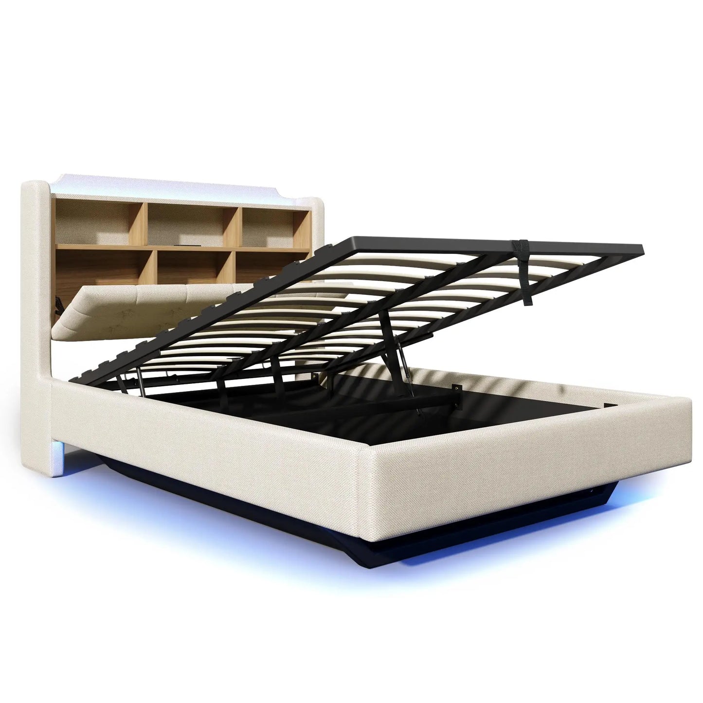 🛏️ CAMA TAPIZADA FLOTANTE 140 × 200 CM CON LED, USB Y ARCÓN HIDRÁULICO | GRIS Y BEIGE | JAM MUEBLES