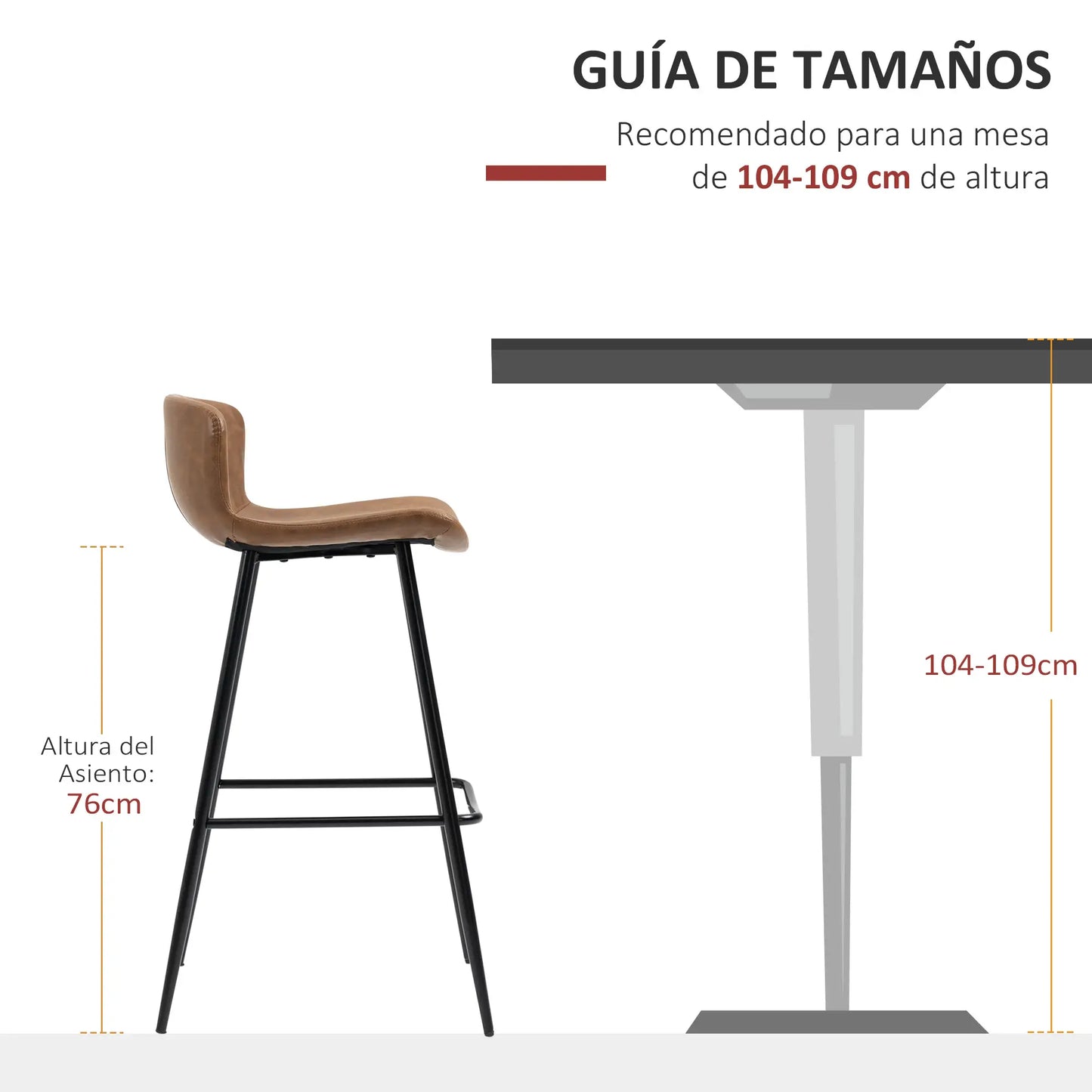 🪑 Conjunto de 2 Taburetes Altos de Cocina Vintage Tapizados en PU Marrón – Con Respaldo, Reposapiés y Estructura de Acero