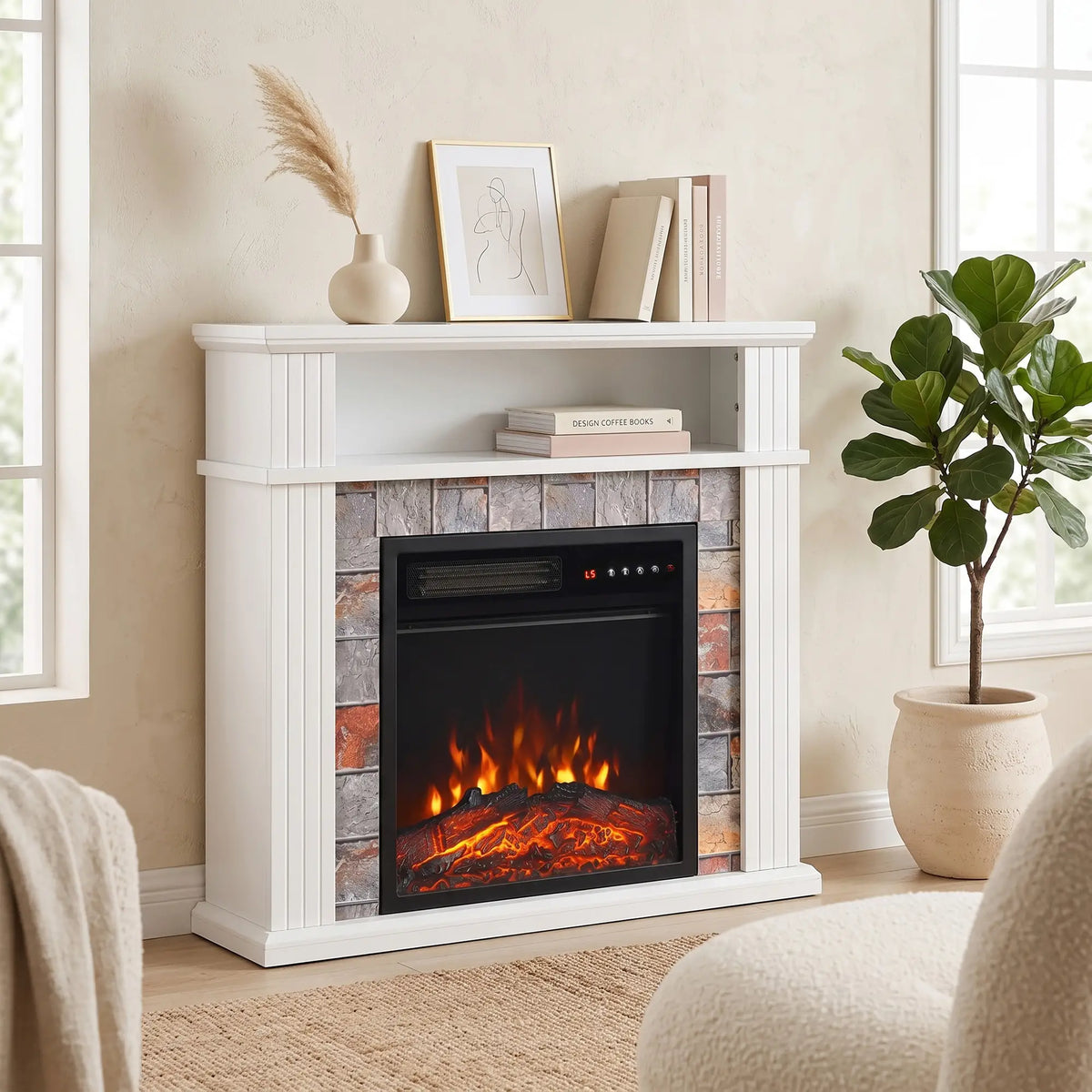 🔥 CHIMENEA ELÉCTRICA WHITE ELEGANCE 88 – BLANCA CON REPISA, EFECTO LLAMA Y CALEFACCIÓN DE 1800 W