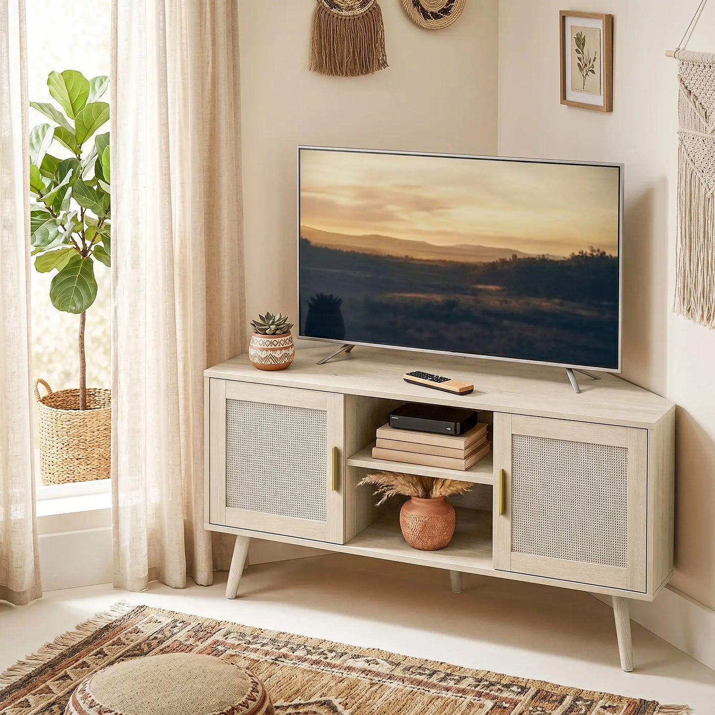 📺 MUEBLE TV DE ESQUINA “RATTAN CORNER 115” – ROBLE + RATÁN · 2 ARMARIOS + 2 ESTANTES · HASTA 65"