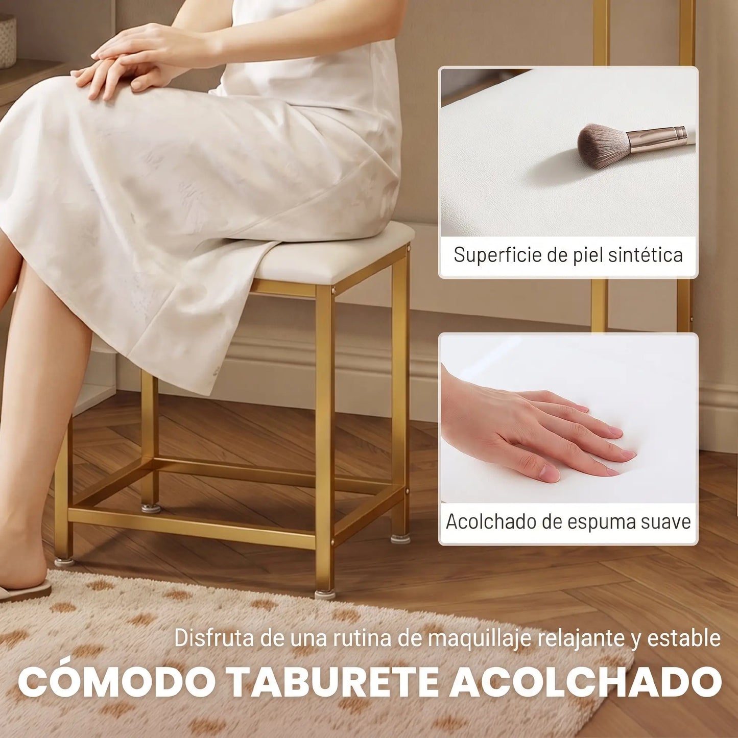 💄 TOCADOR DE MAQUILLAJE BLANCO CON ESPEJO LED, TABURETE Y 5 CAJONES