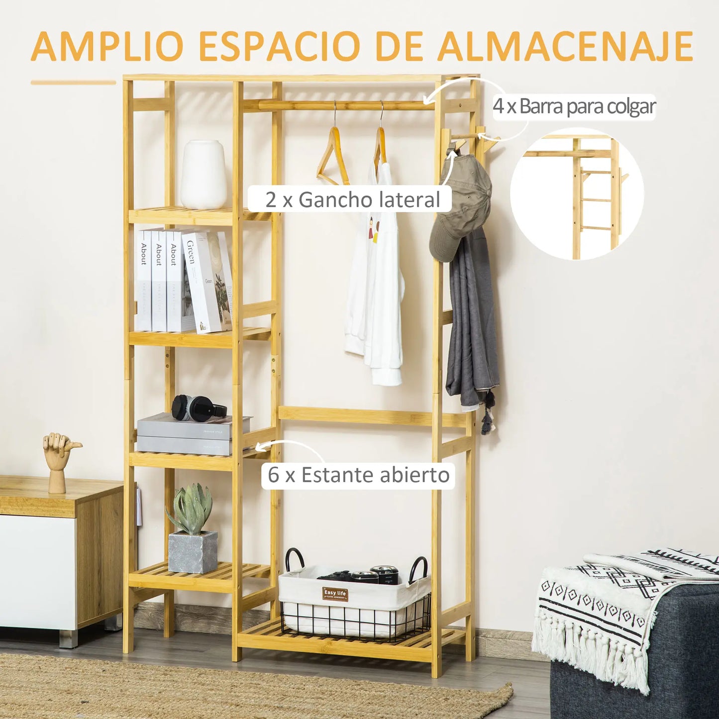 👕 PERCHERO BURRO DE BAMBÚ 90 CM CON BARRA, ESTANTES Y GANCHOS – MADERA NATURAL