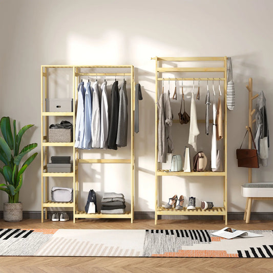 👕 PERCHERO BURRO DE BAMBÚ 90 CM CON BARRA, ESTANTES Y GANCHOS – MADERA NATURAL