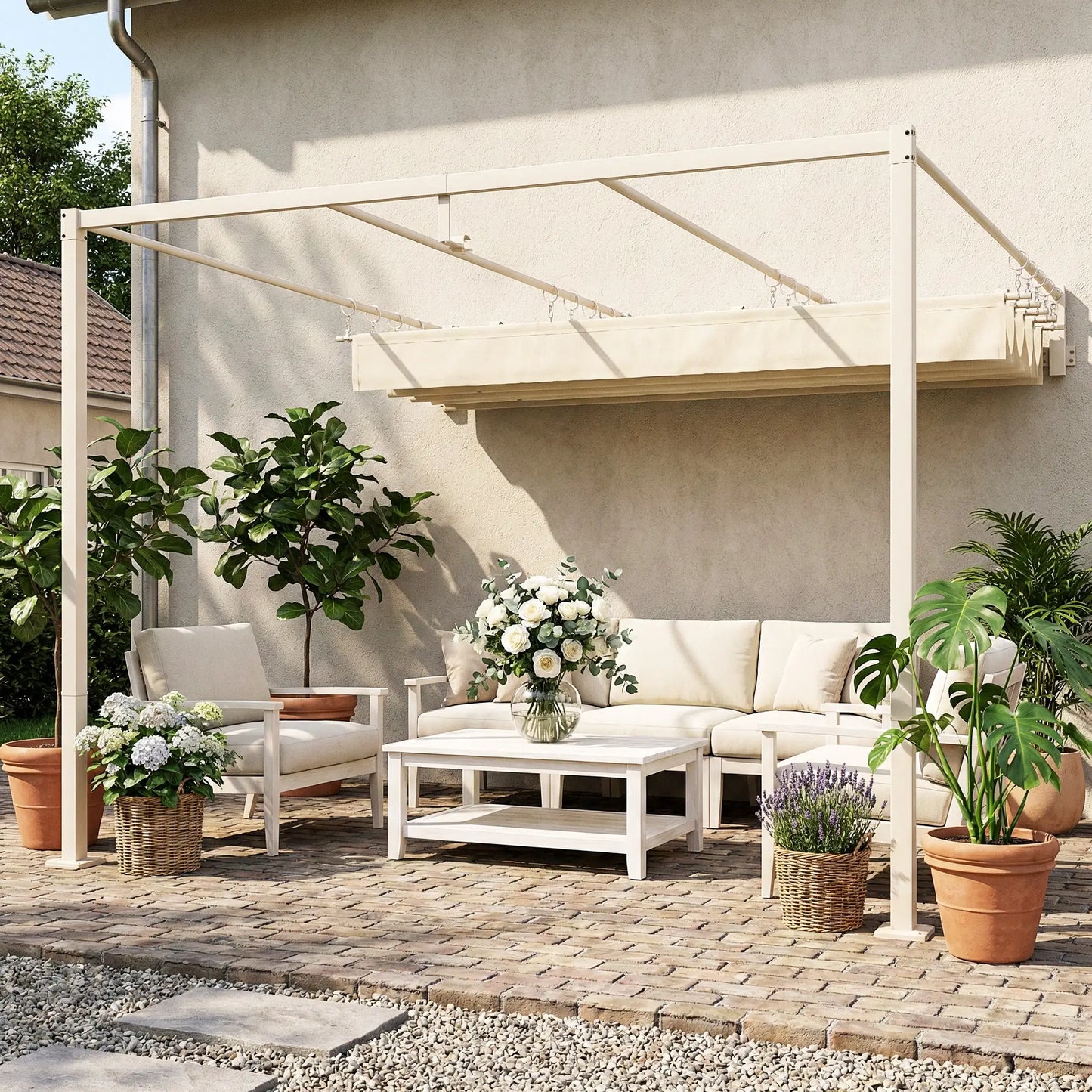 🌿 PÉRGOLA DE PARED “LUMINAIRE” 3x3m – TECHO RETRÁCTIL Y ESTILO ELEGANTE