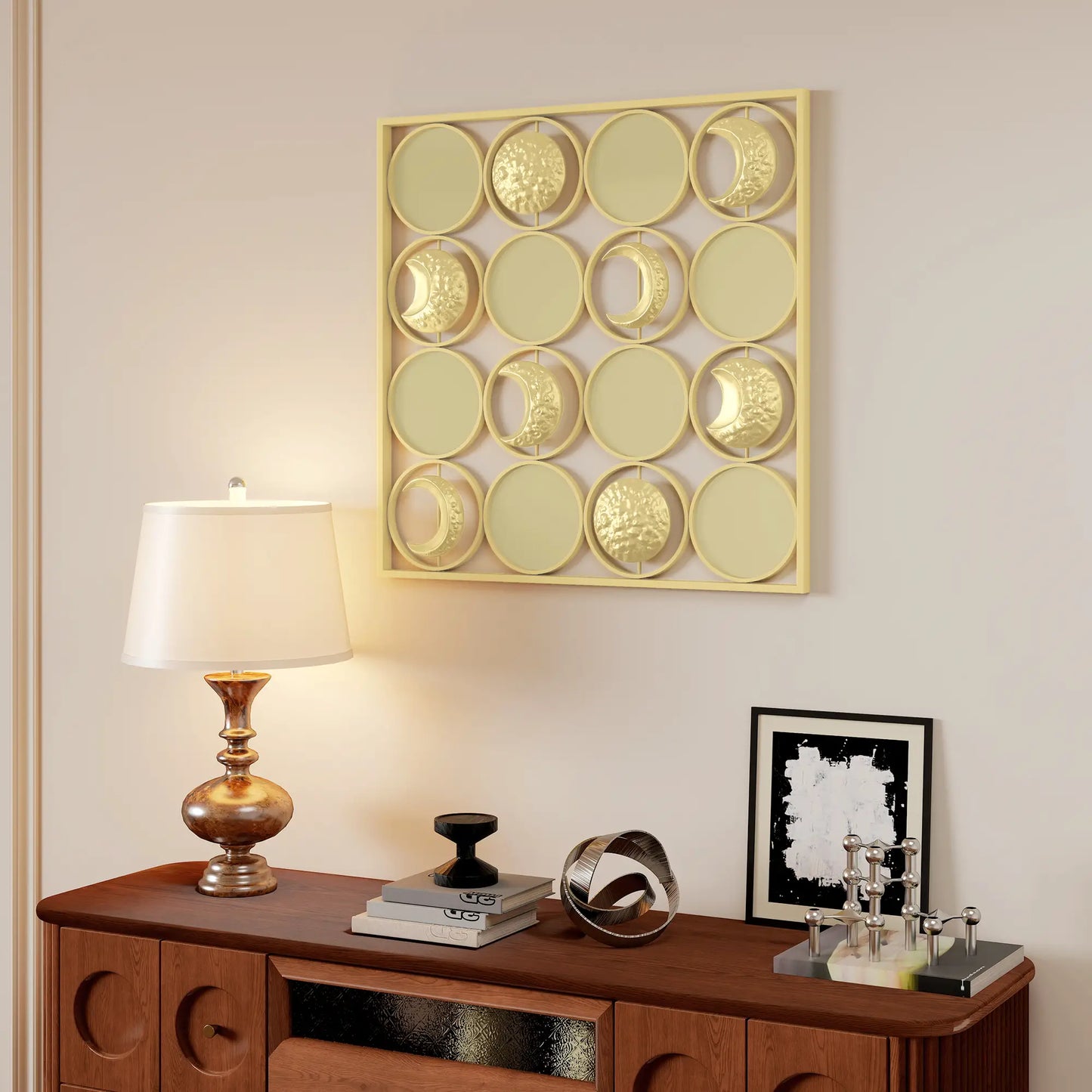 🌙 CUADRO DECORATIVO DE METAL FASES LUNARES – DECORACIÓN DE PARED DORADA 67,9 × 67,9 CM