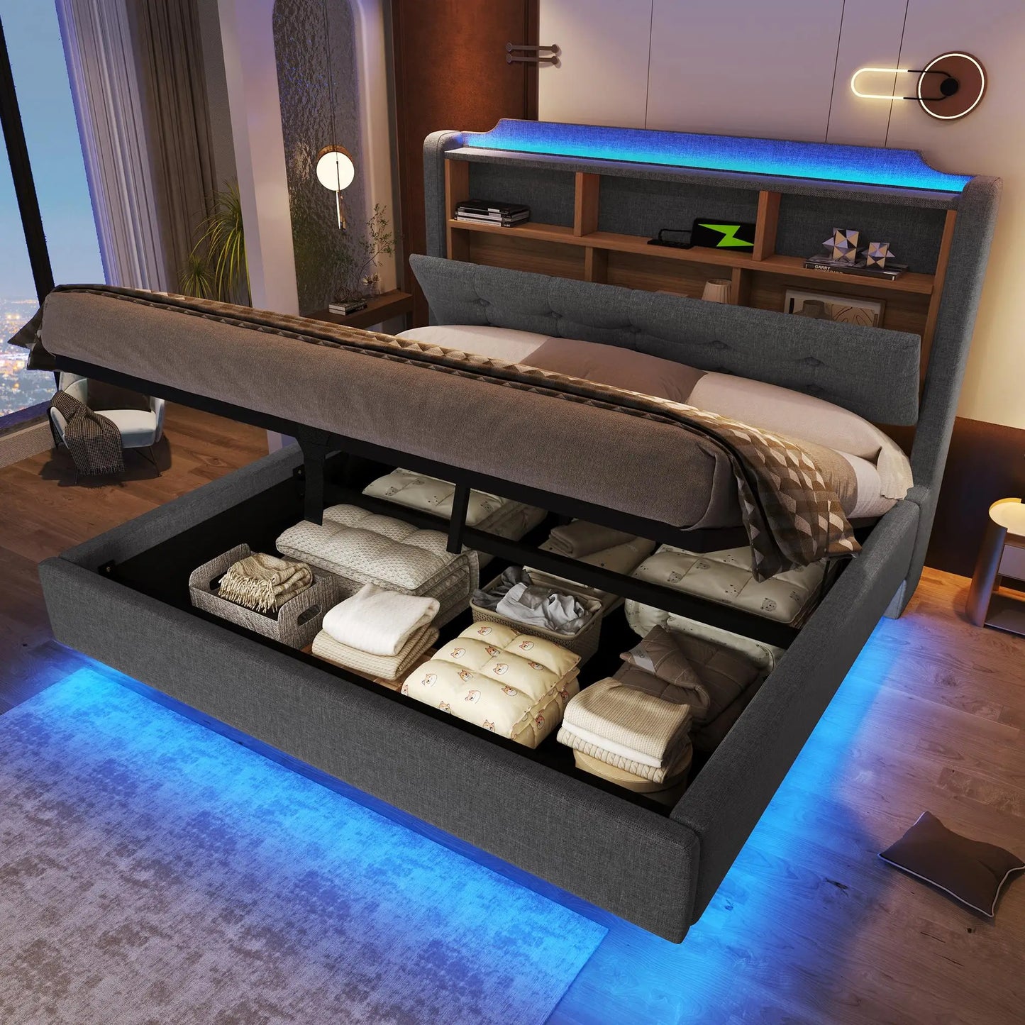 🛏️ CAMA TAPIZADA FLOTANTE 140 × 200 CM CON LED, USB Y ARCÓN HIDRÁULICO | GRIS Y BEIGE | JAM MUEBLES