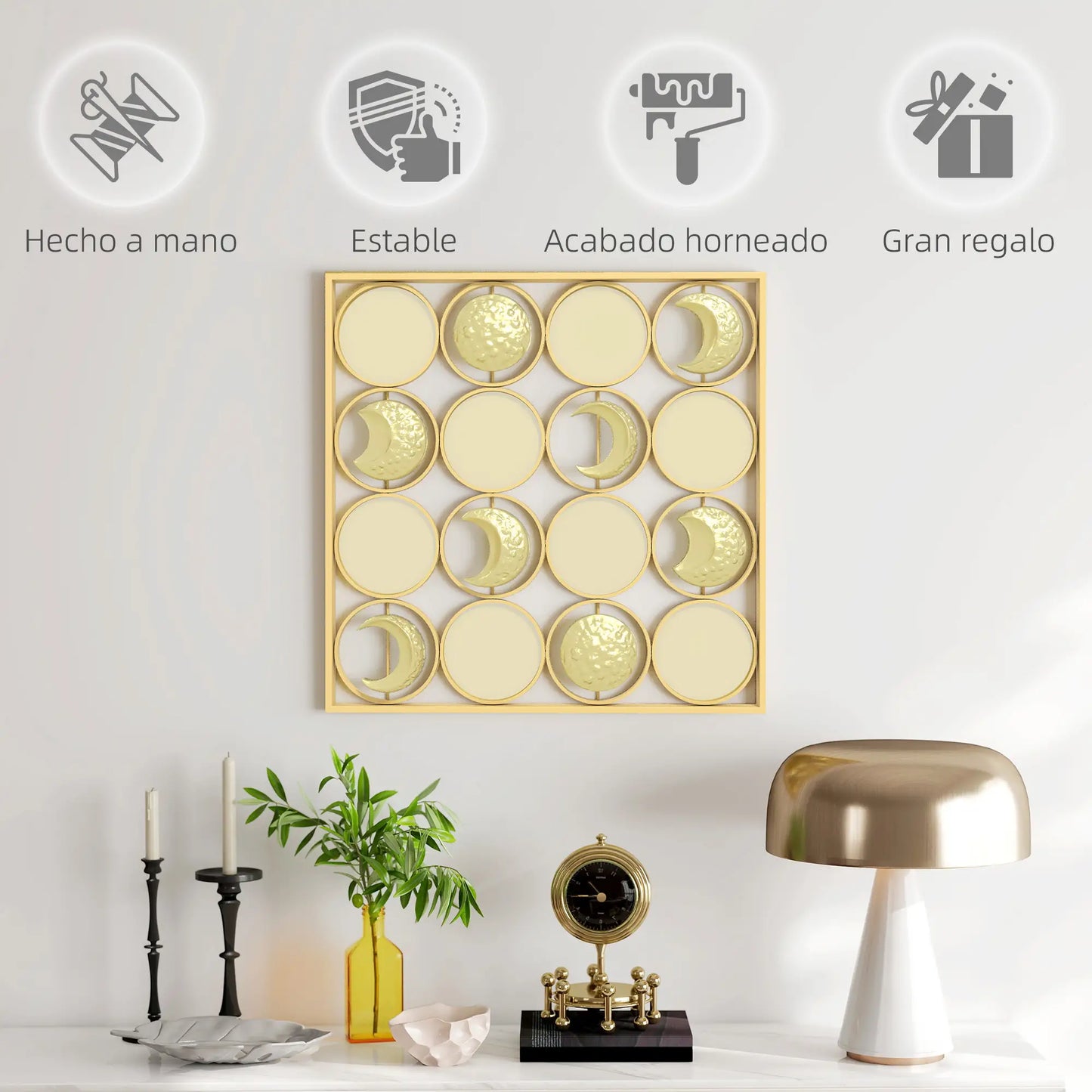 🌙 CUADRO DECORATIVO DE METAL FASES LUNARES – DECORACIÓN DE PARED DORADA 67,9 × 67,9 CM