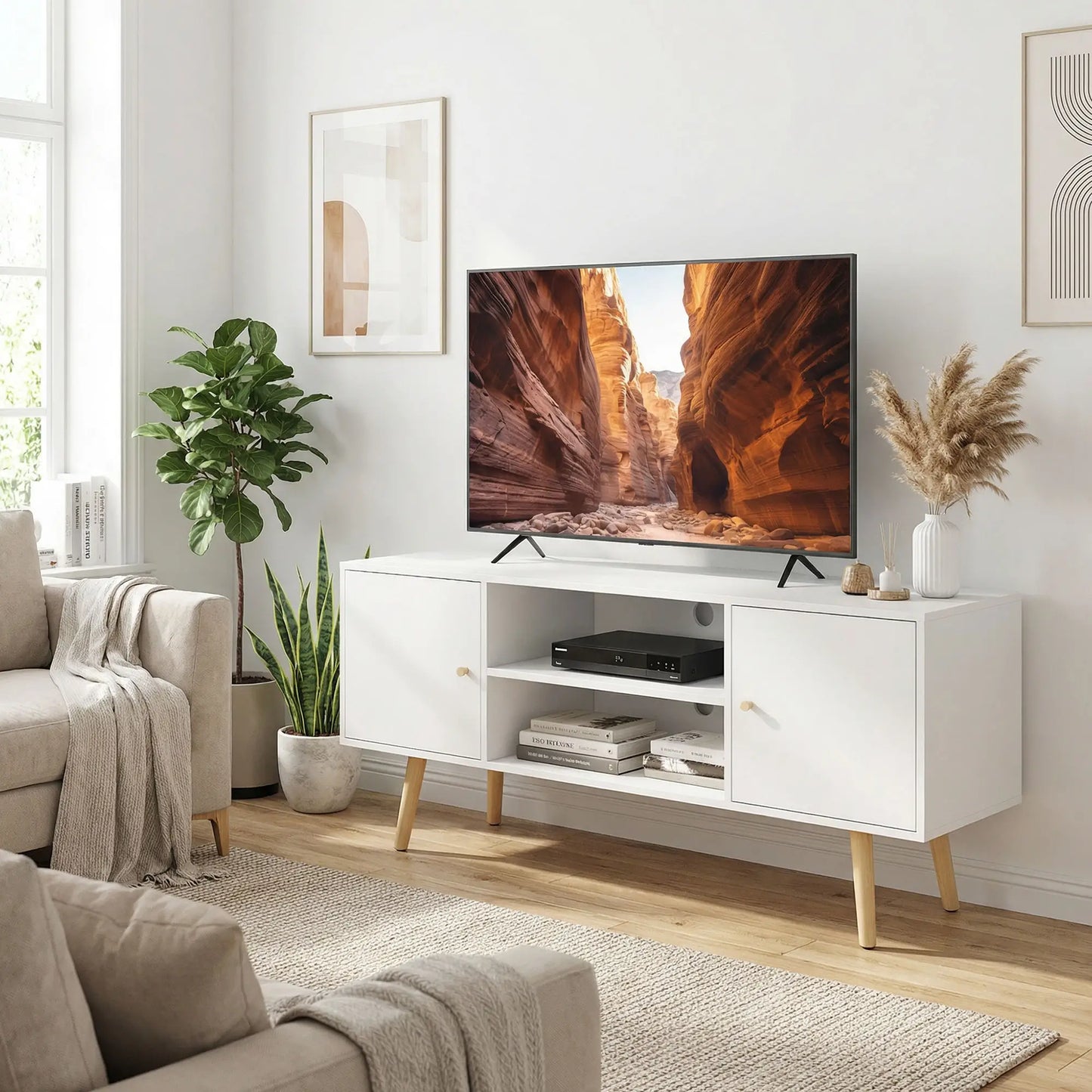 📺 MUEBLE TV “NORDIC 120” – 2 ARMARIOS + 2 ESTANTES · BLANCO Y MADERA · HASTA 55"