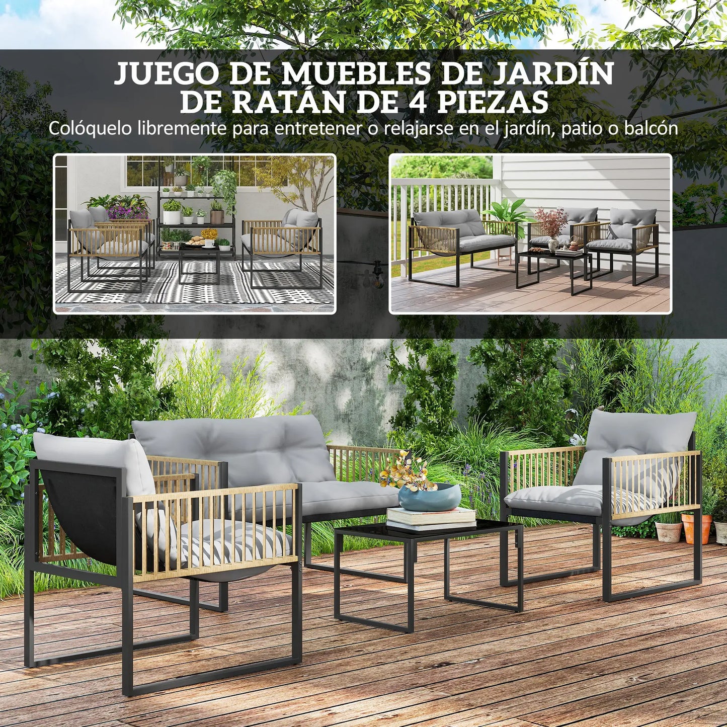 🌿 CONJUNTO DE JARDÍN 4 PIEZAS BARATO “RATTANIA” – SOFÁ EXTERIOR + SILLONES + MESA