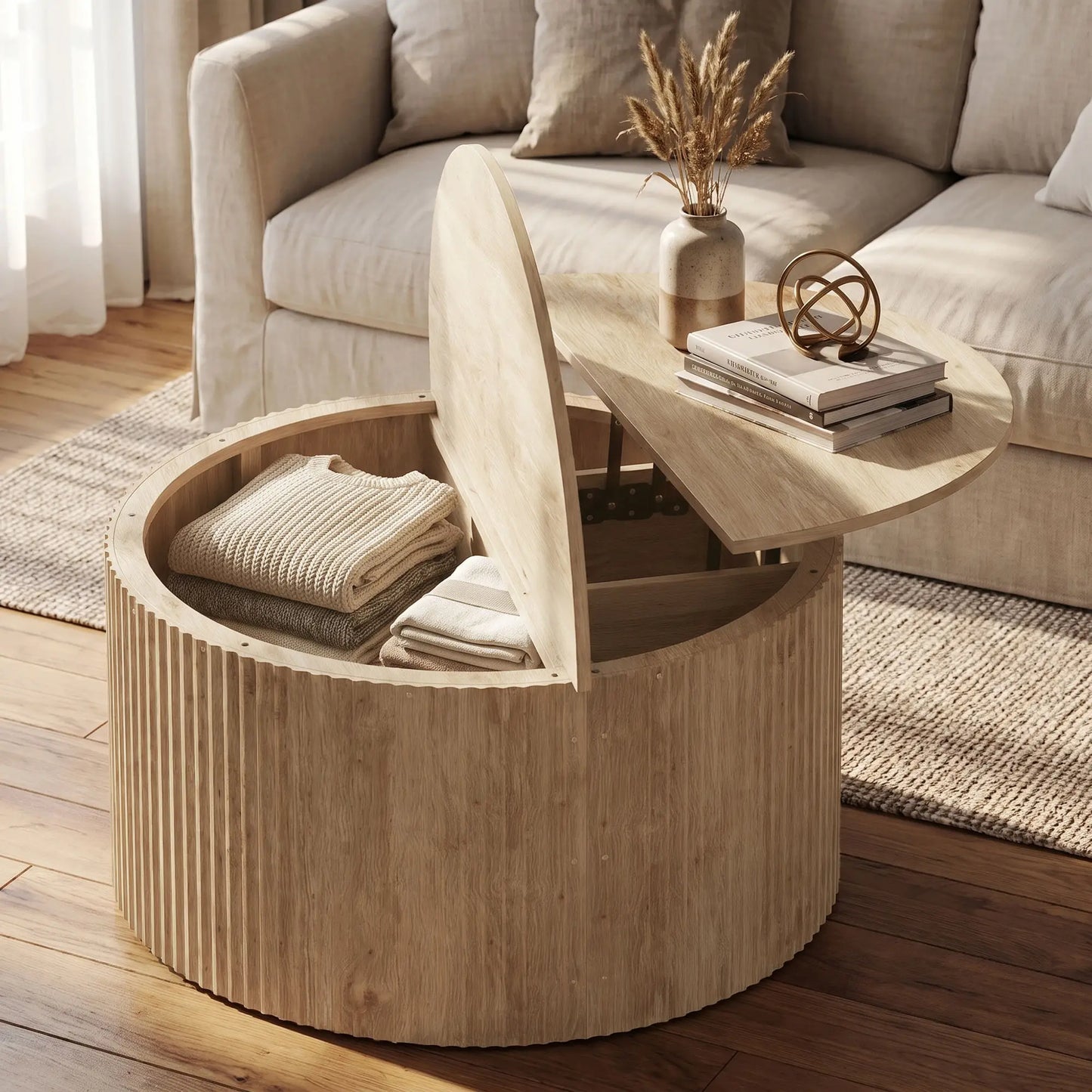 🪵 Mesa de Centro Elevable Redonda con Almacenamiento Oculto y Tablero Elevable 80 cm Madera Natural