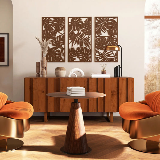 🖼️ CUADROS DECORATIVOS 3D DE PARED 3 PIEZAS 40 × 80 CM – DISEÑO DE HOJAS TROPICALES EN ACABADO NOGAL