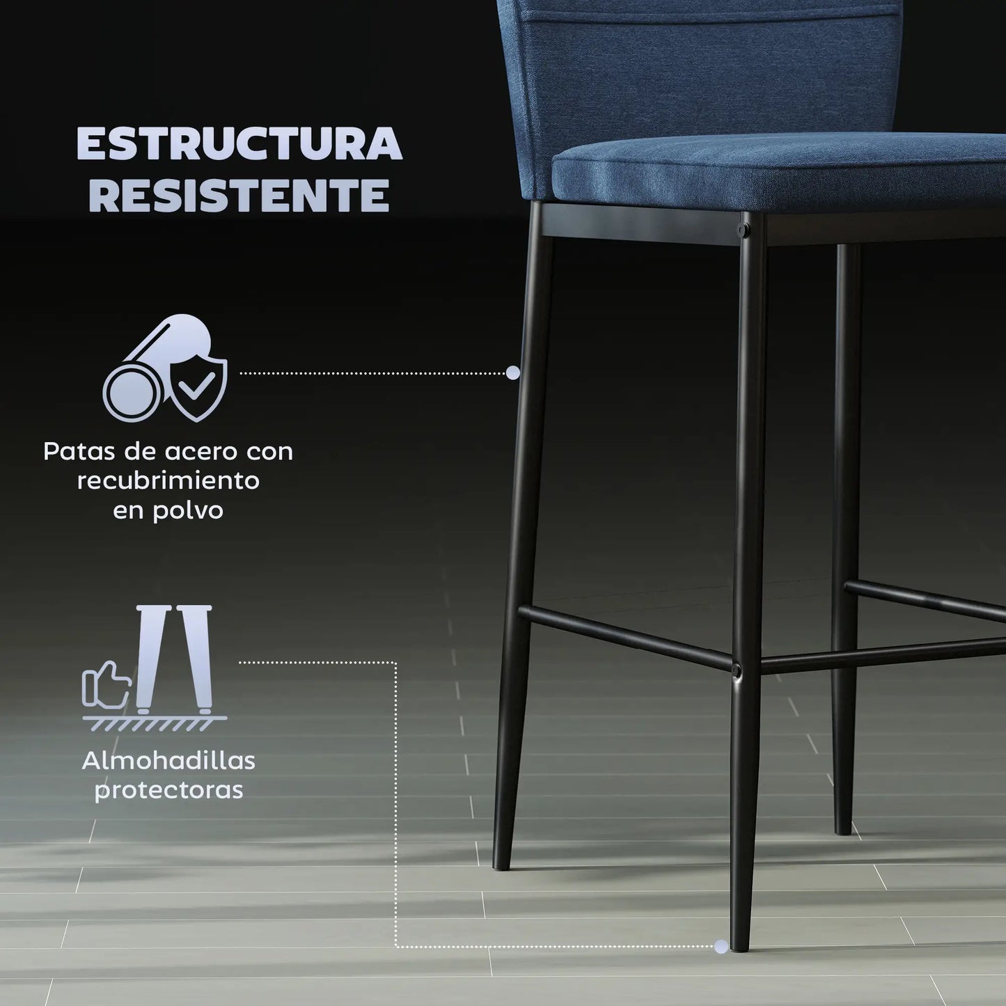 🪑 Set de 2 Taburetes Altos Tapizados en Terciopelo Azul con Patas de Acero – Diseño Moderno para Cocina, Isla o Barra