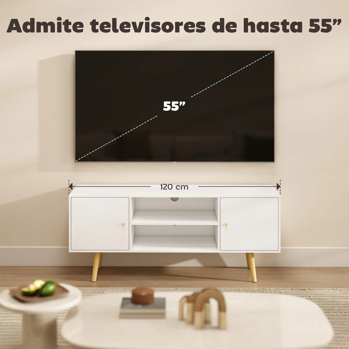 📺 MUEBLE TV “NORDIC 120” – 2 ARMARIOS + 2 ESTANTES · BLANCO Y MADERA · HASTA 55"