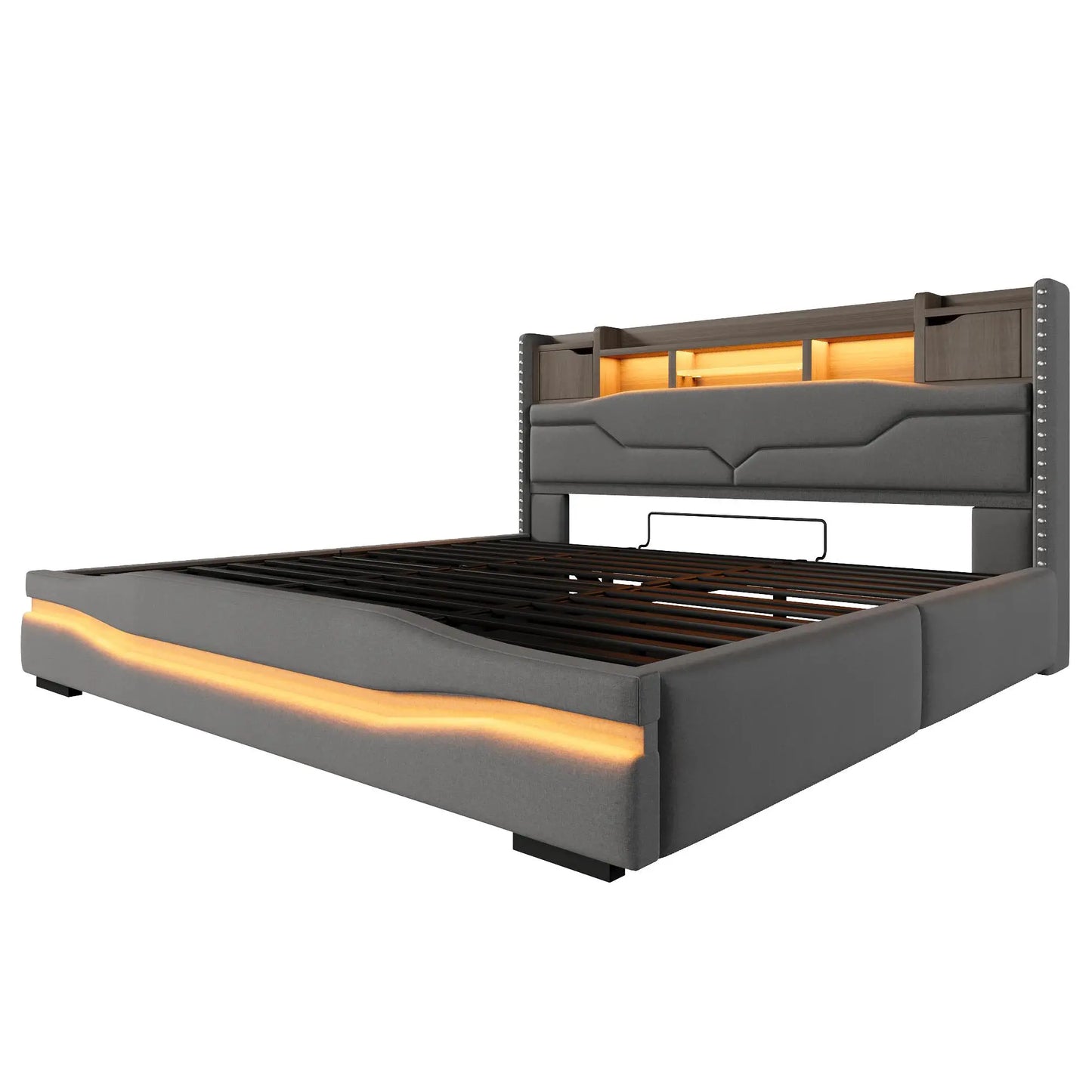 🛏️ CAMA TAPIZADA 180x200 CM CON CANAPÉ ABATIBLE HIDRÁULICO, LED Y USB – GRIS