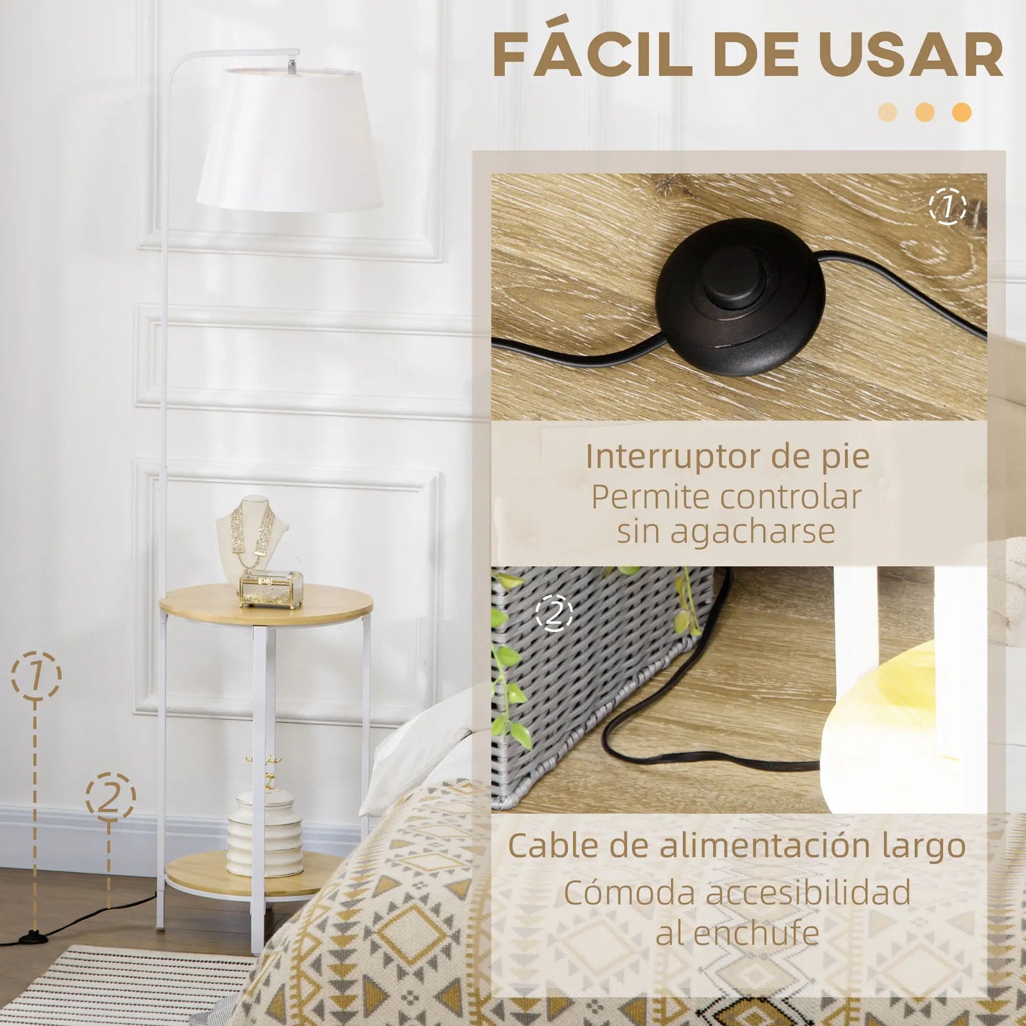 💡 Lámpara de Pie Moderna con Mesita Auxiliar de Bambú – Pantalla de Lino Blanca con 2 Estantes Integrados