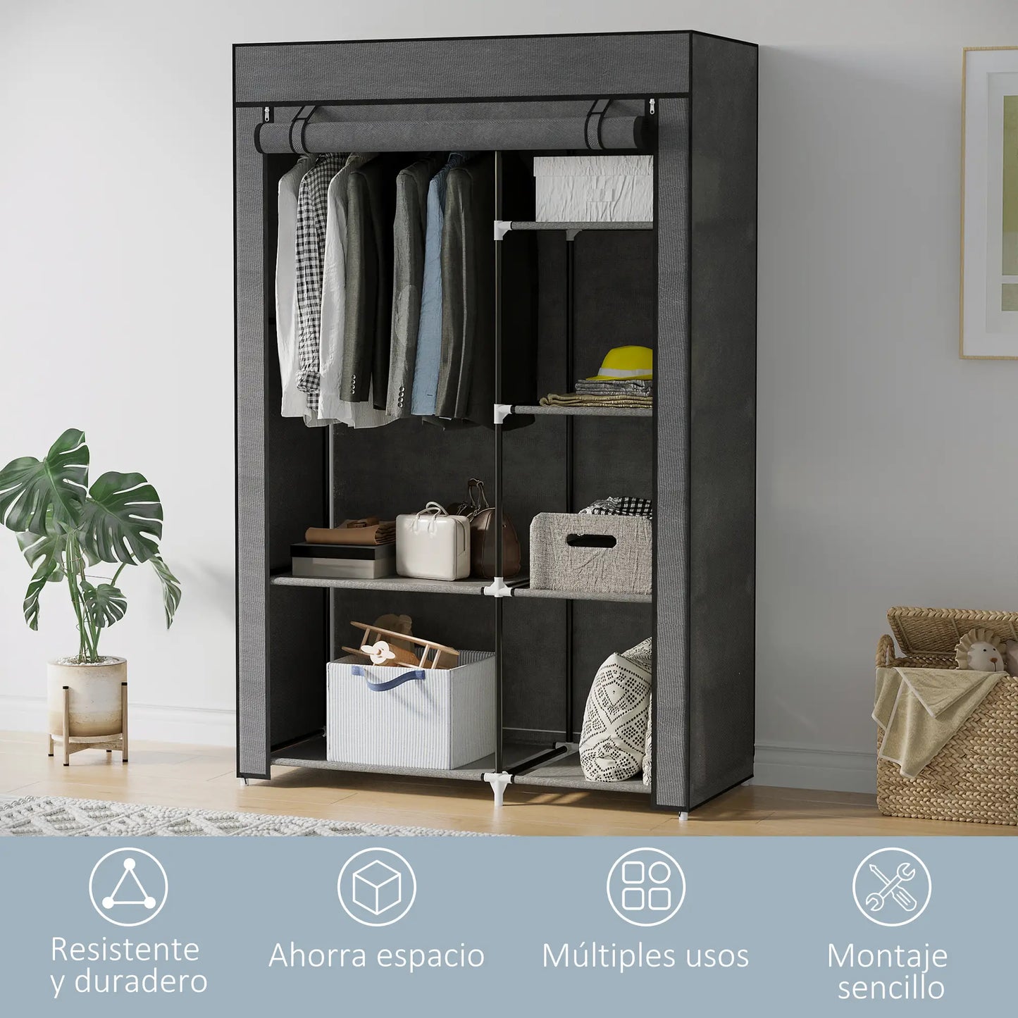 👕 ARMARIO DE TELA PLEGABLE 103 CM CON 6 ESTANTES Y BARRA PARA COLGAR – 5 COLORES